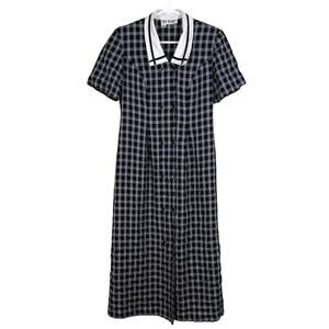 Vintage 90's Coco Bianco Prairie Dress Navy Blue Stripe Gingham Cottagecore